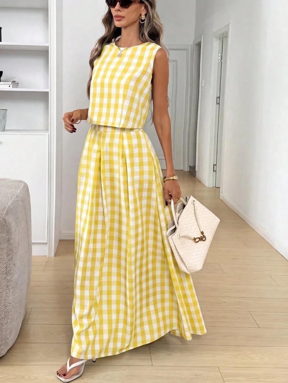 Yellow Casual Women's Plaid Sleeveless Top And Skirt Coord set